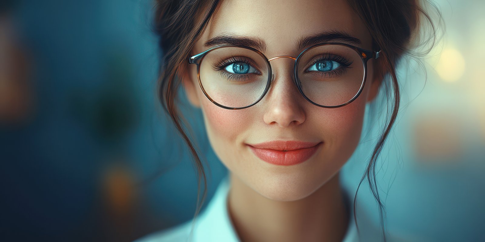 Young woman with glasses smiles warmly while sitting against a softly blurred blue background in a cozy indoor space